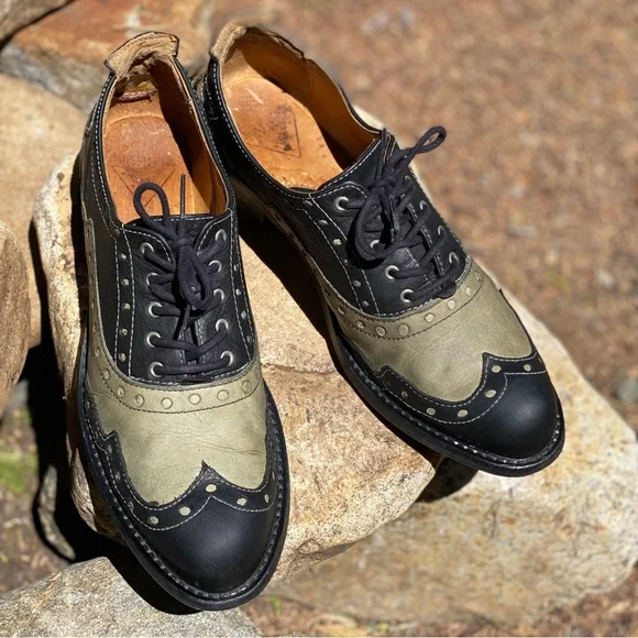 John Fluevog Adrians Amanda Saddle Shoe Loafer Leather Size 8 Womens Black Khaki - Picture 10 of 16